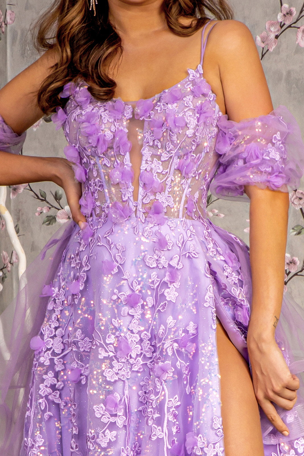 3D Flower Puff Sleeves Mesh A-line w/ Detachable Waist Drape