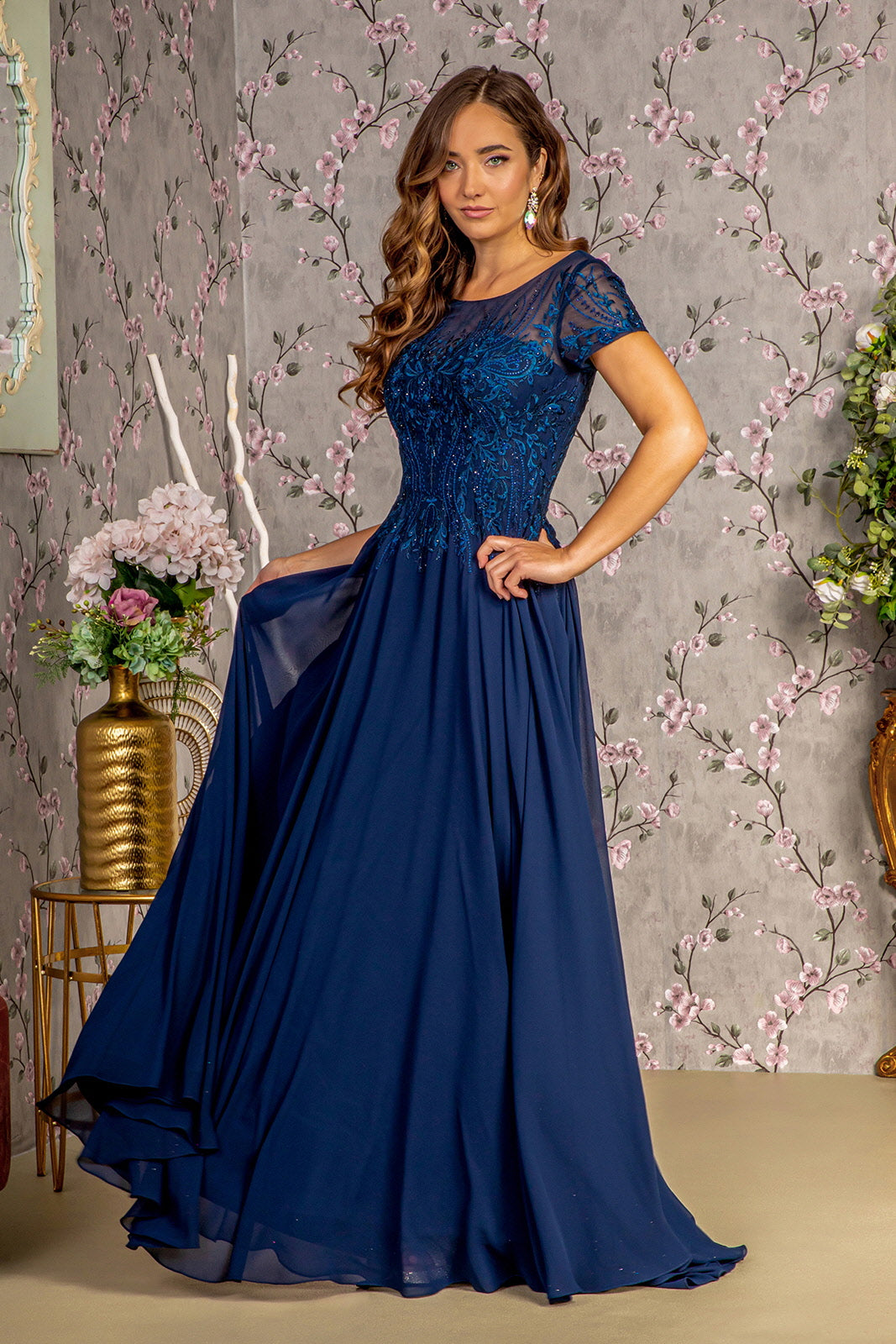 Bead Embroidery Sheer Neckline Chiffon A-line Long Mother Of Bead Embroidery Sheer Neckline Chiffon A-line Long Mother Of