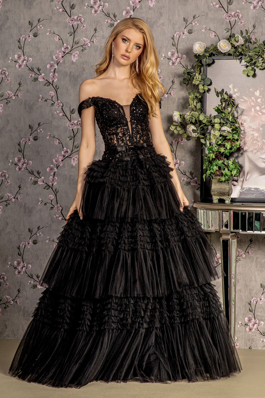 3D Flower Off Shoulder Mesh A-line Ribbon waist Band Long