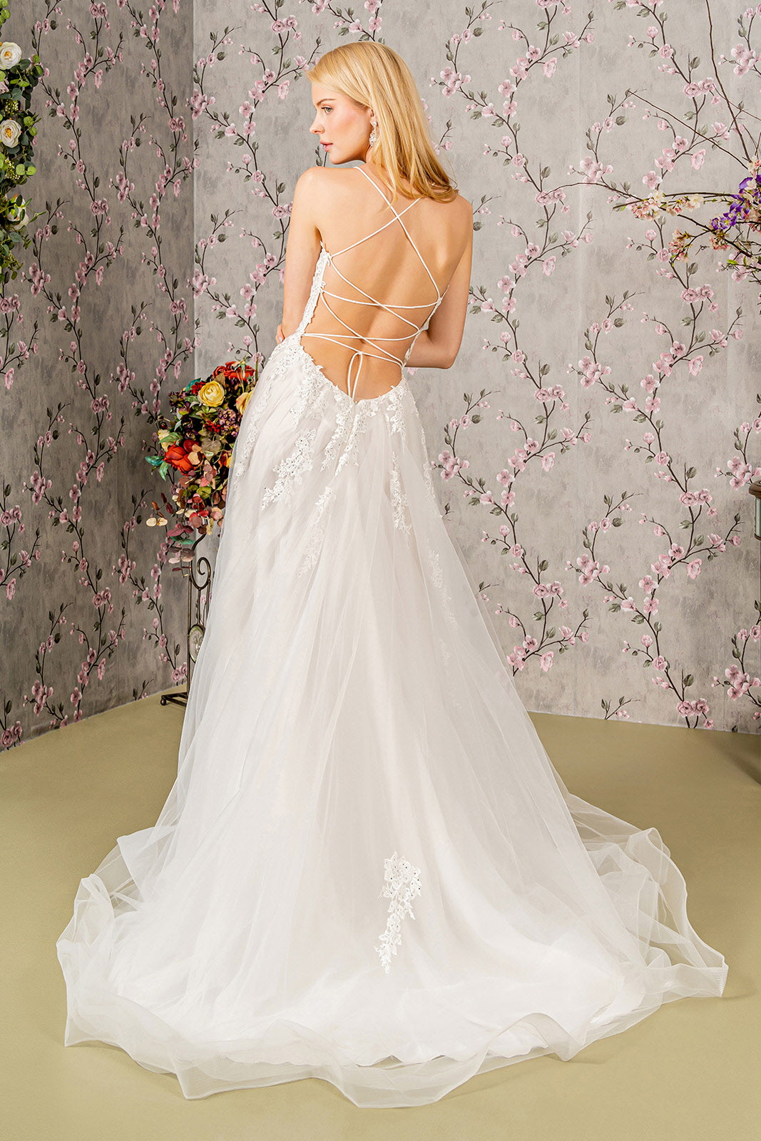 Embroidery Bead Sheer Bodice Open Back Mesh Long Wedding