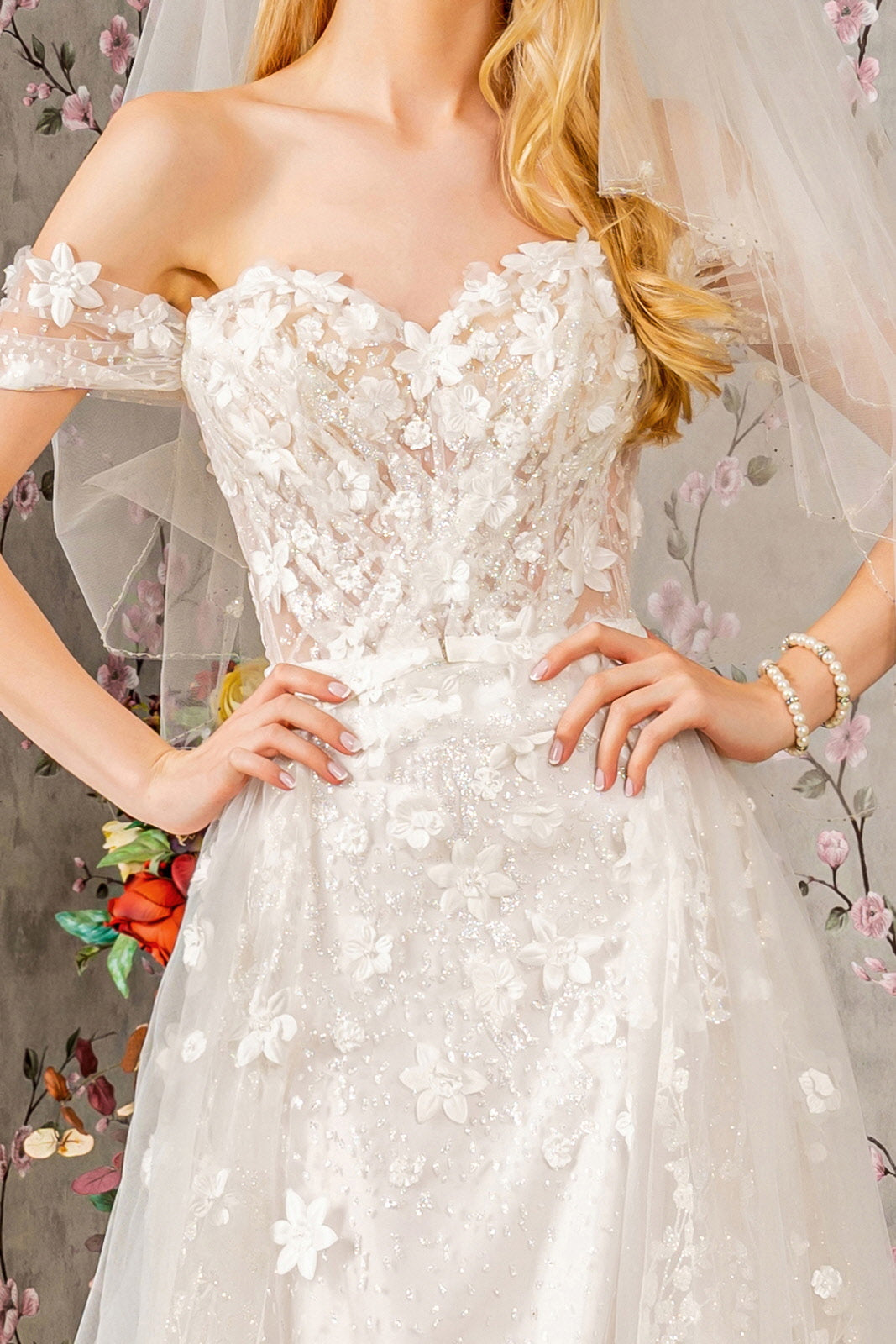 Jewel Glitter Sheer Bodice Mesh A-line w/ Long Mesh Cape