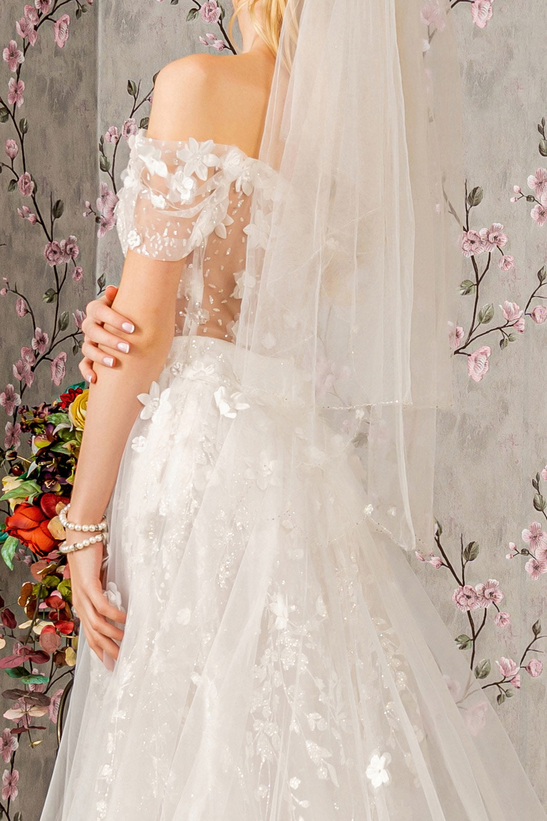 Jewel Glitter Sheer Bodice Mesh A-line w/ Long Mesh Cape