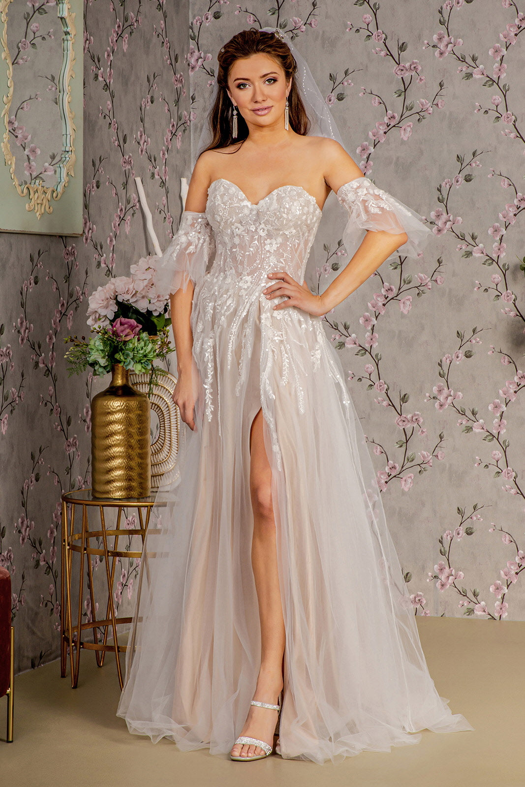 Sheer Bodice Mesh A-line w/ Detachable Short Sleeves Long Wedding