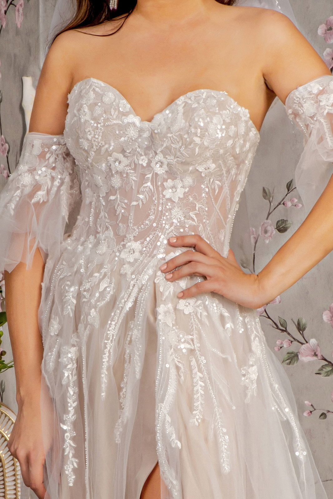Sheer Bodice Mesh A-line w/ Detachable Short Sleeves Long Sheer Bodice Mesh A-line w/ Detachable Short Sleeves Long