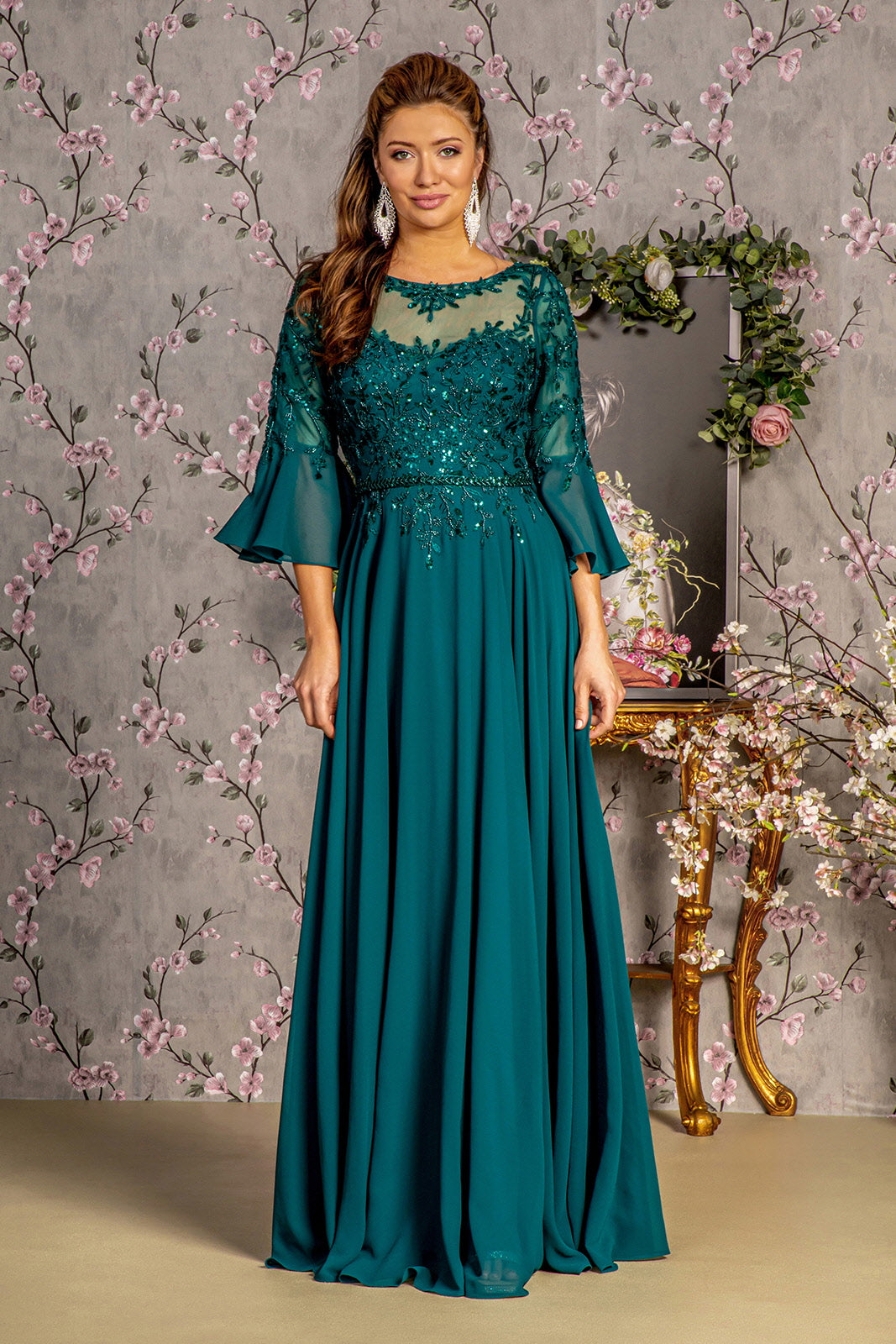 Floral Embroidery Bead Chiffon A-line Long Mother Of The Bride