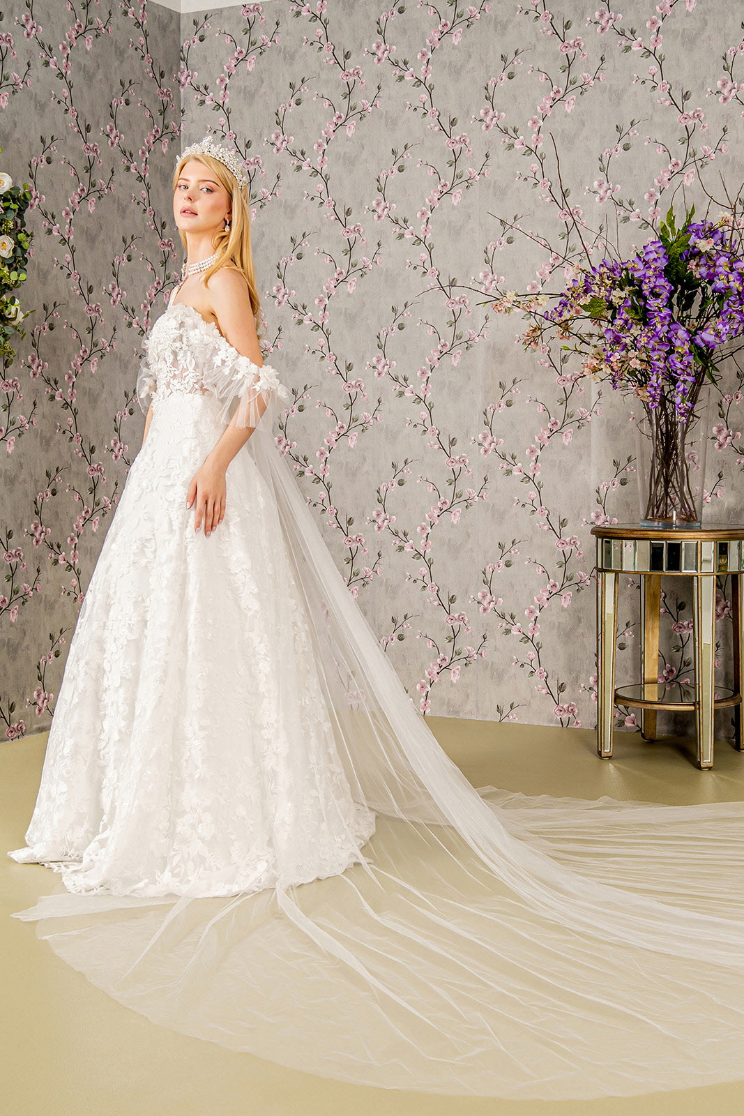 Sheer Bodice Sweetheart Mesh w/ Long Back Drape Long Wedding