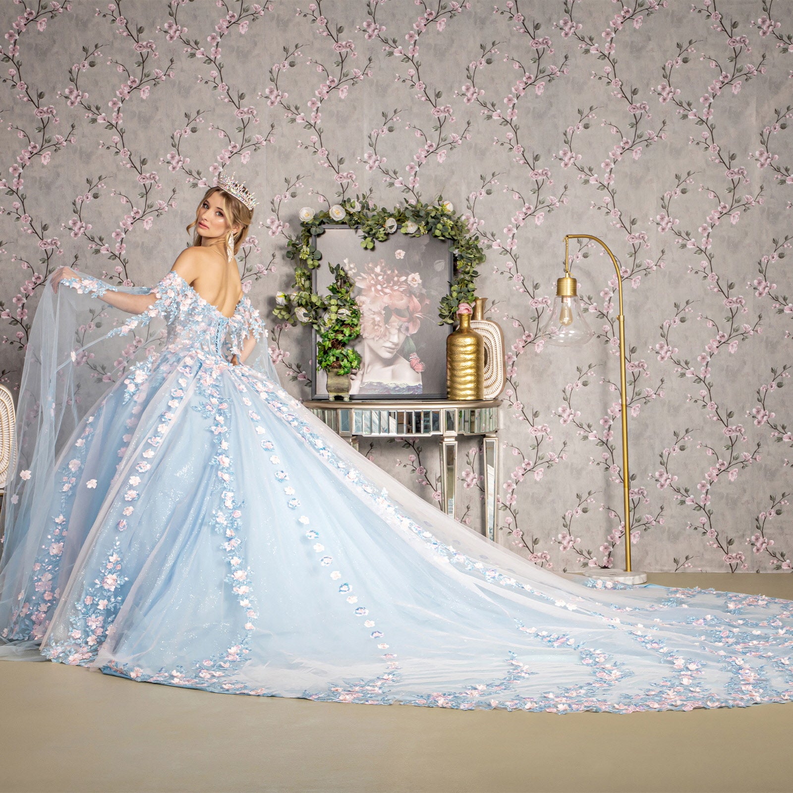 3D Flower Sheer Bodice Mesh w/ Side Mesh Long Drapes Long