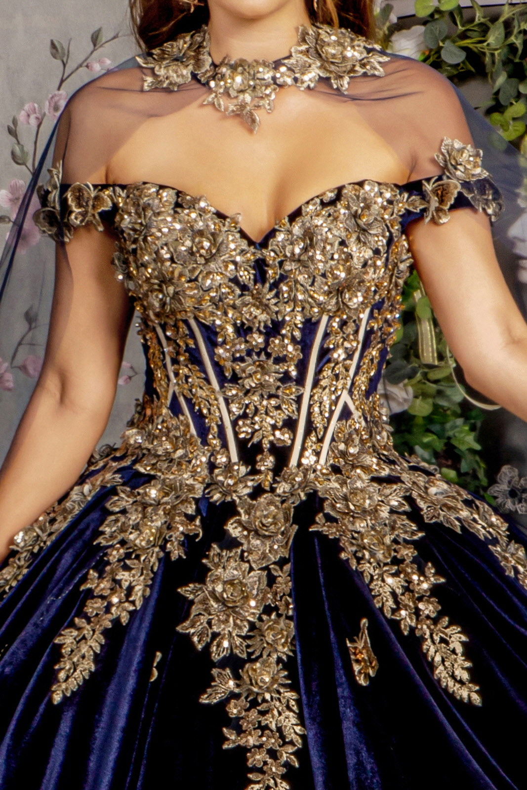 Metallic Embroidery Jewel Velvet w Long Mesh Cape Long Ball Dress GLGL3471