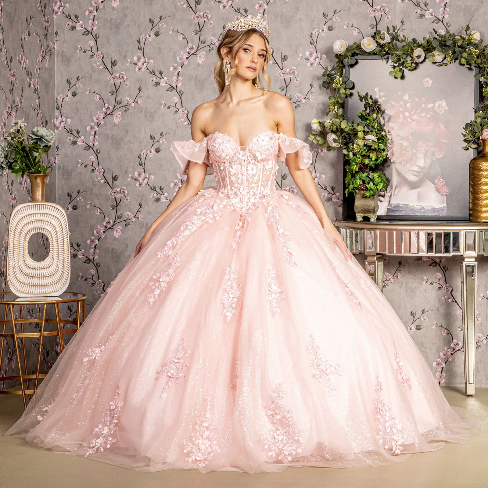 3D Flower Illusion Sweetheart Sheer Bodice Mesh Long Ball