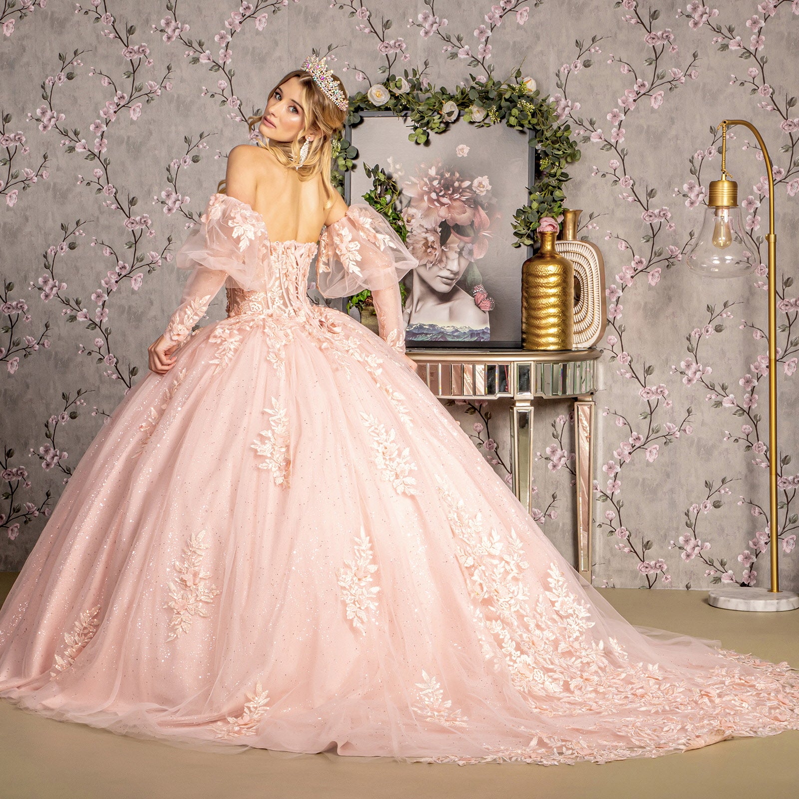 Glitter Embroidery Sheer Bodice Mesh w/ Long Puff Sleeves