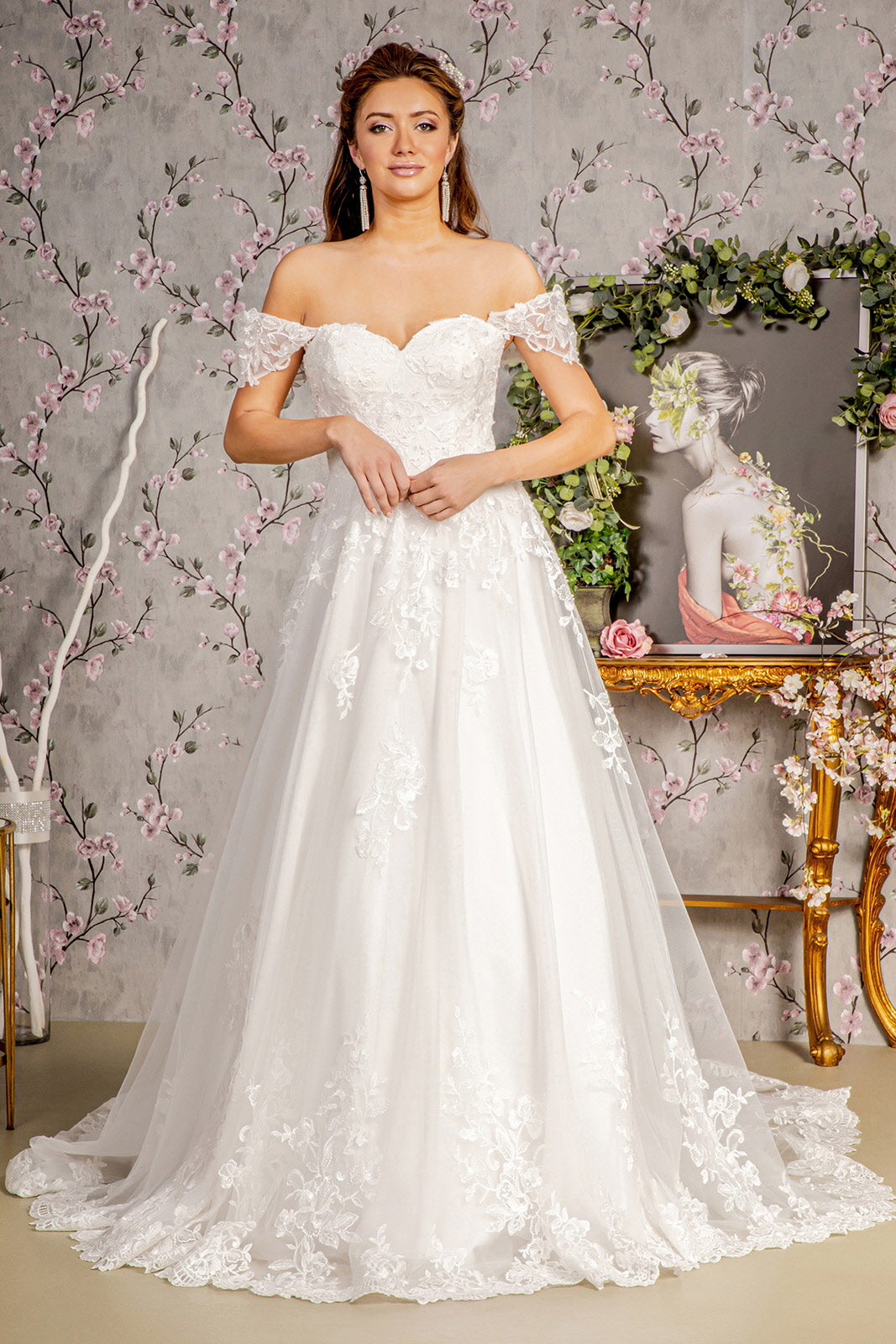 Jewel Embroidery Off Shoulder Mesh A line Long Wedding Dress GLGL3481