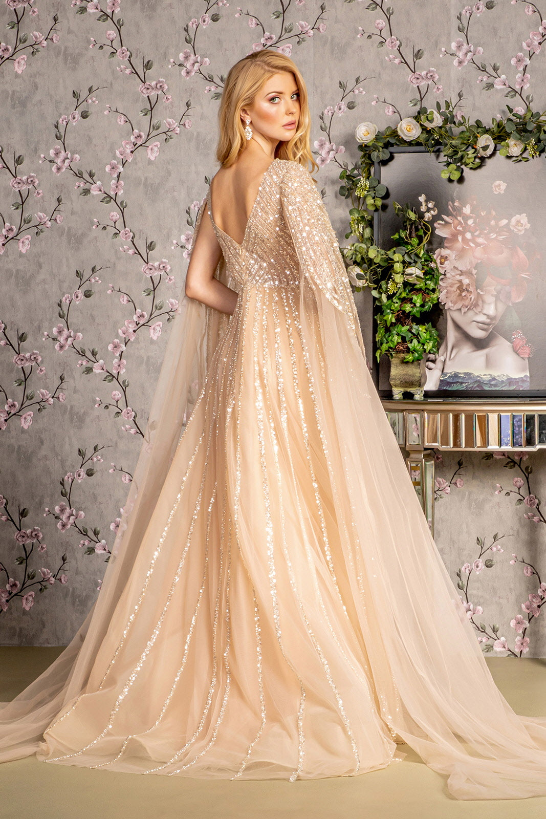 Bead Sequin Mesh A-line w/ Side Cape Long Sleeves Long Bead Sequin Mesh A-line w/ Side Cape Long Sleeves Long