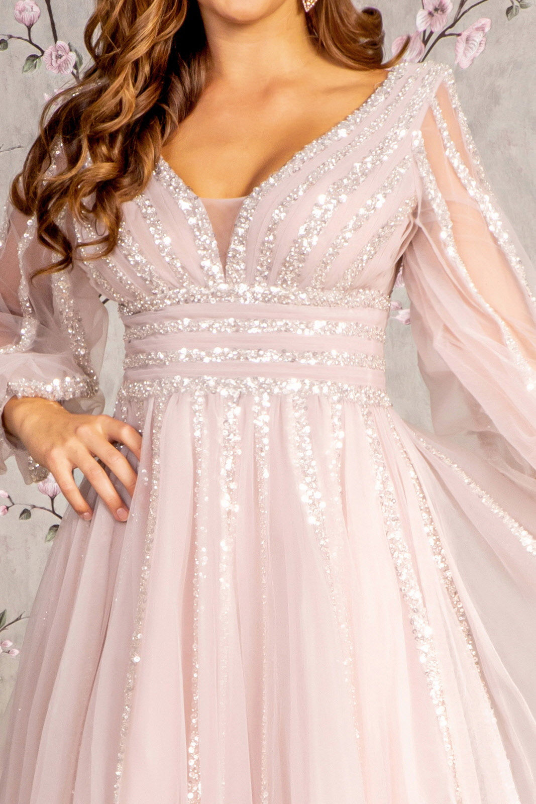 Bead Sequin Mesh A-line w/ Sheer Puff Sleeves Long Mother Of