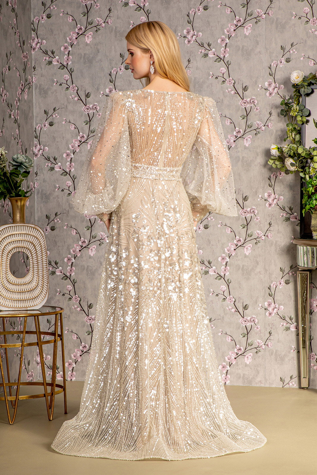 Bead Sheer Bodice Mesh A-line w/ Sheer Puff Sleeves Long