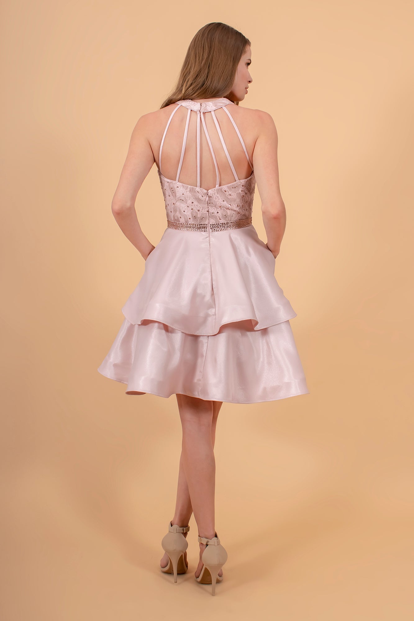 Sequin and Rhinestone Bodice Satin Short Dress /w Side Pockets GLGS1603-HOMECOMING-smcfashion.com
