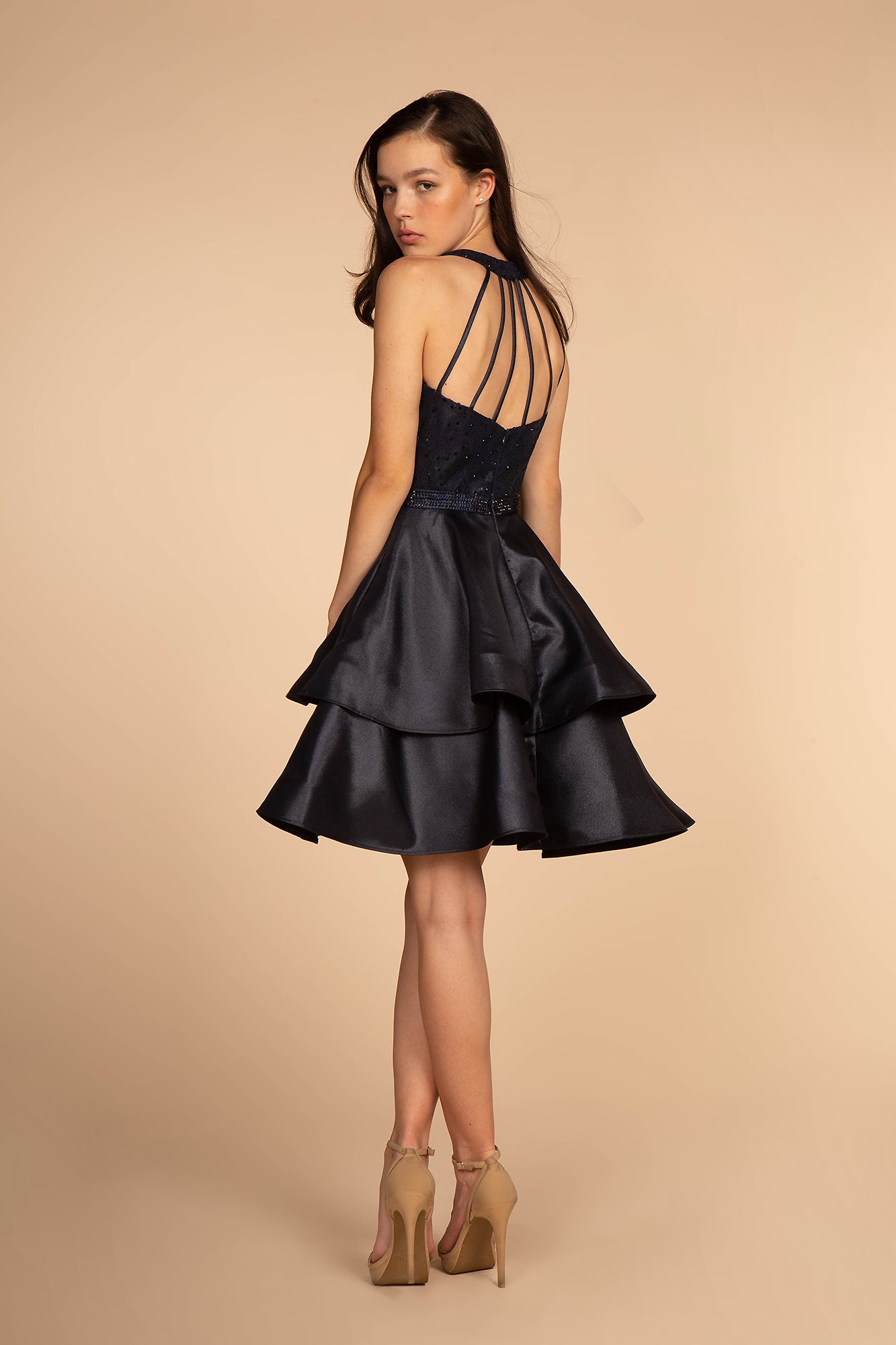 Sequin and Rhinestone Bodice Satin Short Dress /w Side Pockets GLGS1603-HOMECOMING-smcfashion.com
