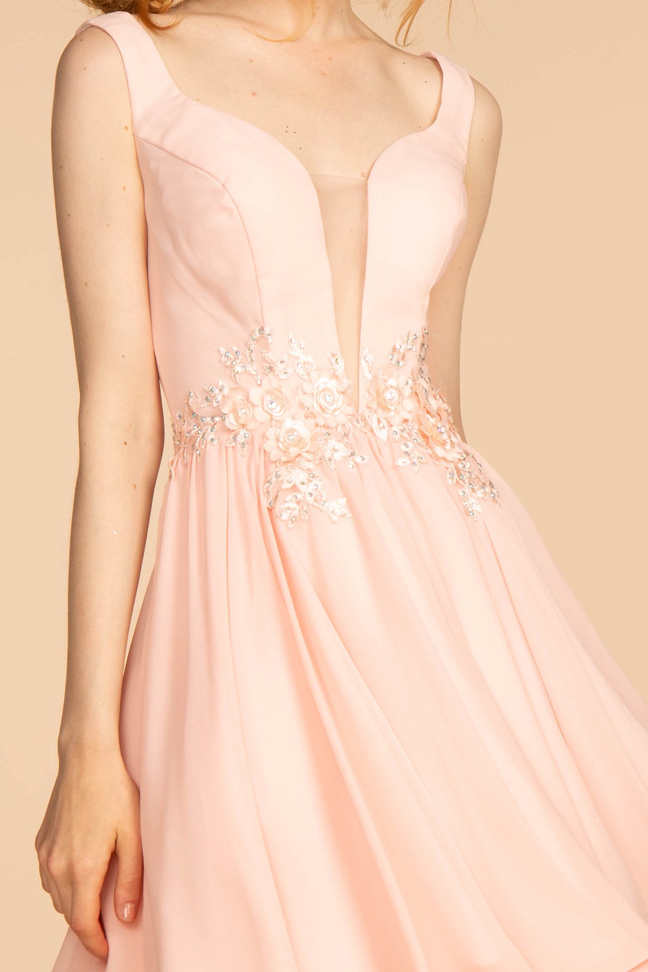 Jewel Embellished-Waist Illusion Deep V-Neck Chiffon Short Dress GLGS1617-HOMECOMING-smcfashion.com