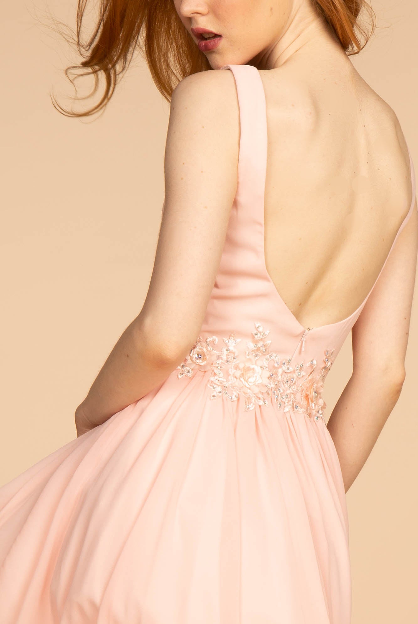 Jewel Embellished-Waist Illusion Deep V-Neck Chiffon Short Dress GLGS1617-HOMECOMING-smcfashion.com