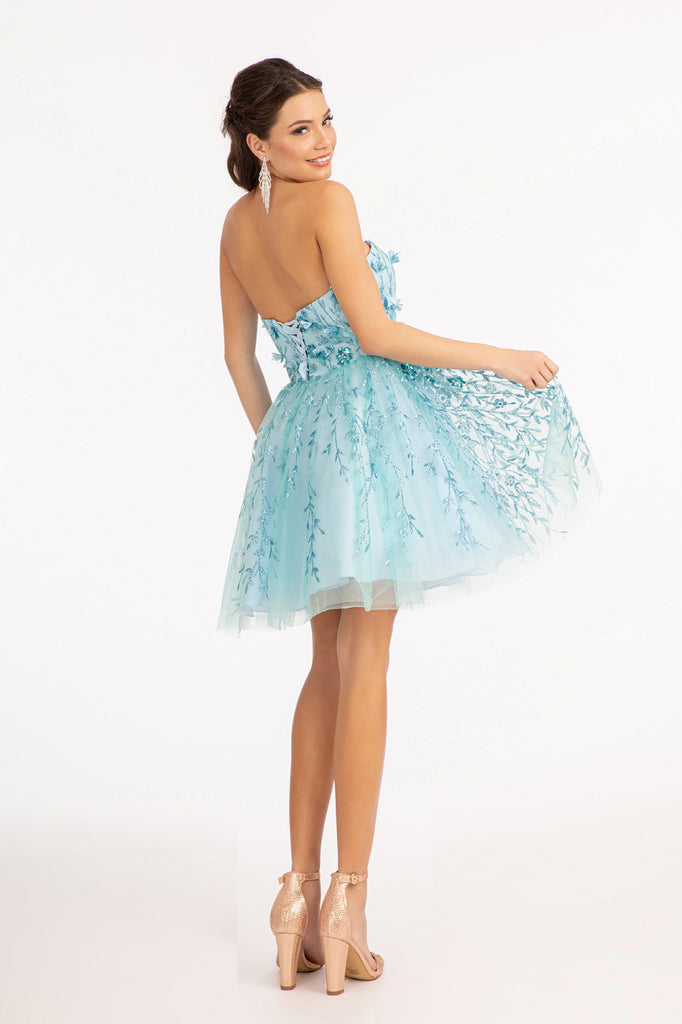 3D Floral Applique Embellished Glitter Mesh Sweetheart Short Dress GLGS1995