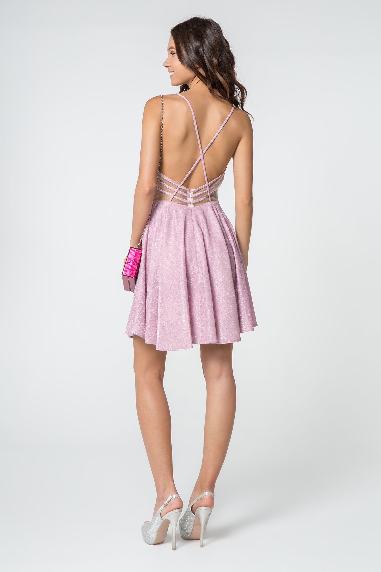 Illusion Deep V-Neck Glitter Crepe Short Dress Strap Back GLGS2839-HOMECOMING-smcfashion.com
