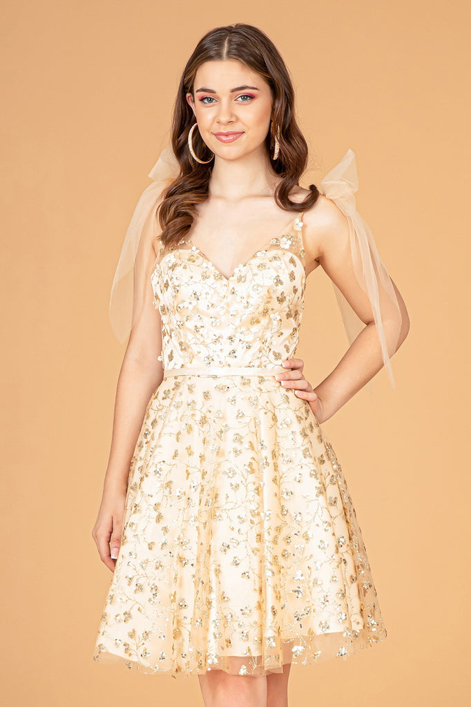 Glitter Mesh Babydoll Short Dress Ribbon Attachment on Shoulder GLGS3088