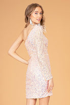 Asymmetric Sequin Bodycon Short Dress Feather Embellishment GLGS3092-HOMECOMING-smcfashion.com