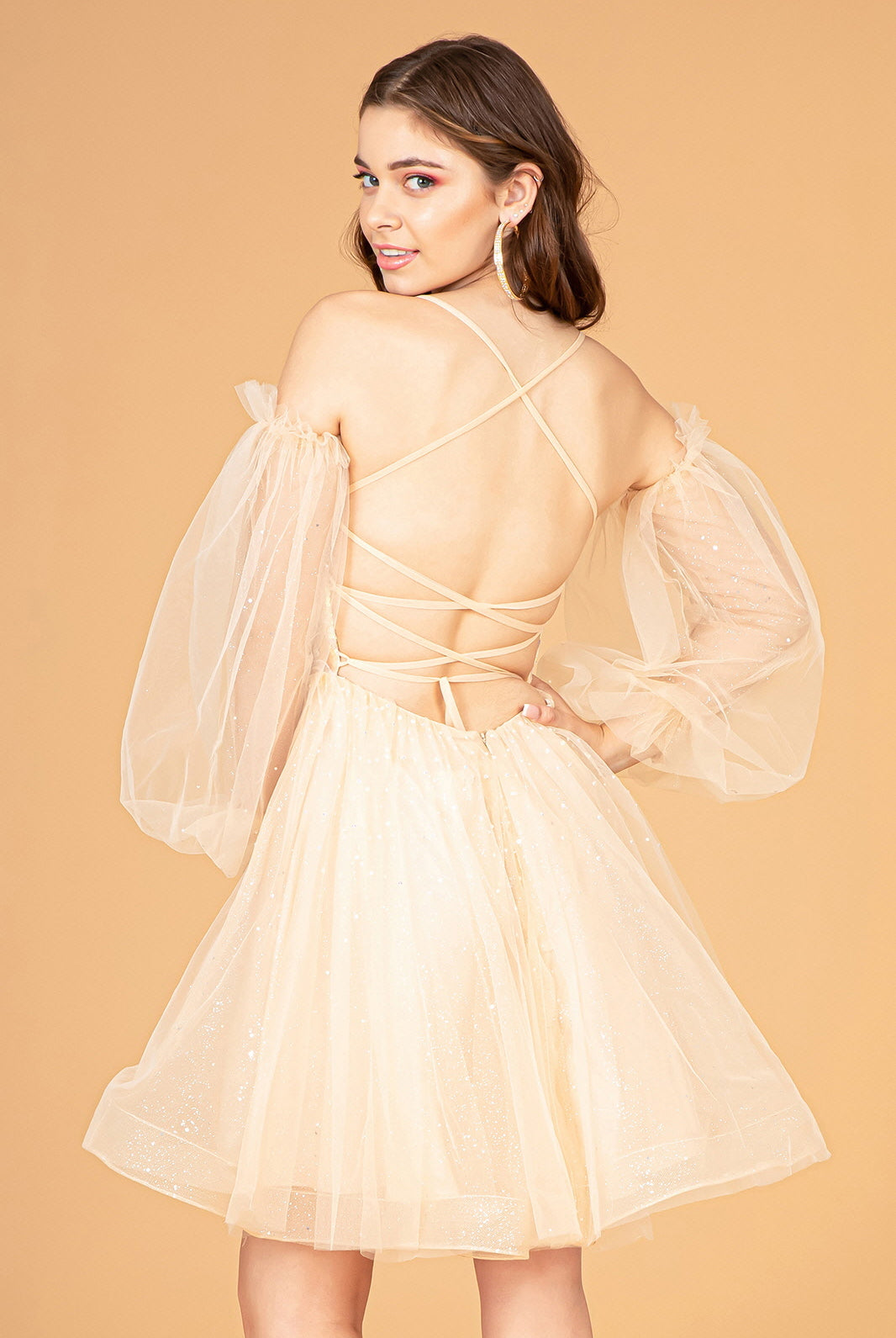 Sheer Bodice Glitter Short Dress Detachable Mesh Long Sleeves GLGS3095-HOMECOMING-smcfashion.com