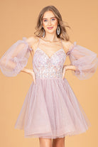 Sheer Bodice Glitter Short Dress Detachable Mesh Long Sleeves GLGS3095-HOMECOMING-smcfashion.com