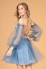Sheer Bodice Glitter Short Dress Detachable Mesh Long Sleeves GLGS3095