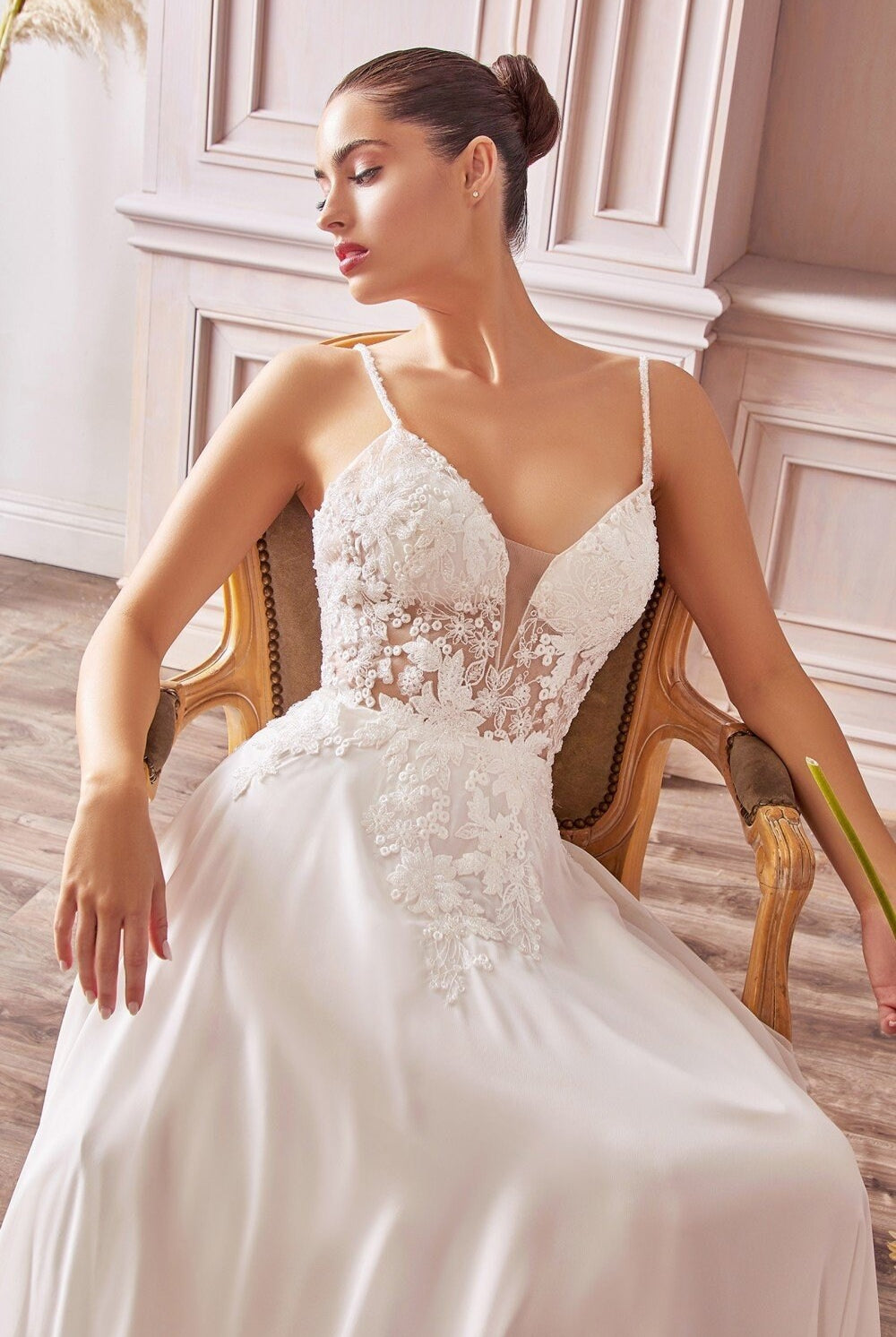 A-line Chiffon Vintage Bridal Gown | Beaded Embellished Floral Bodice | Appliqué Wedding Gown | Sensual V-neck Open Back | CDTY11-smcfashion.com