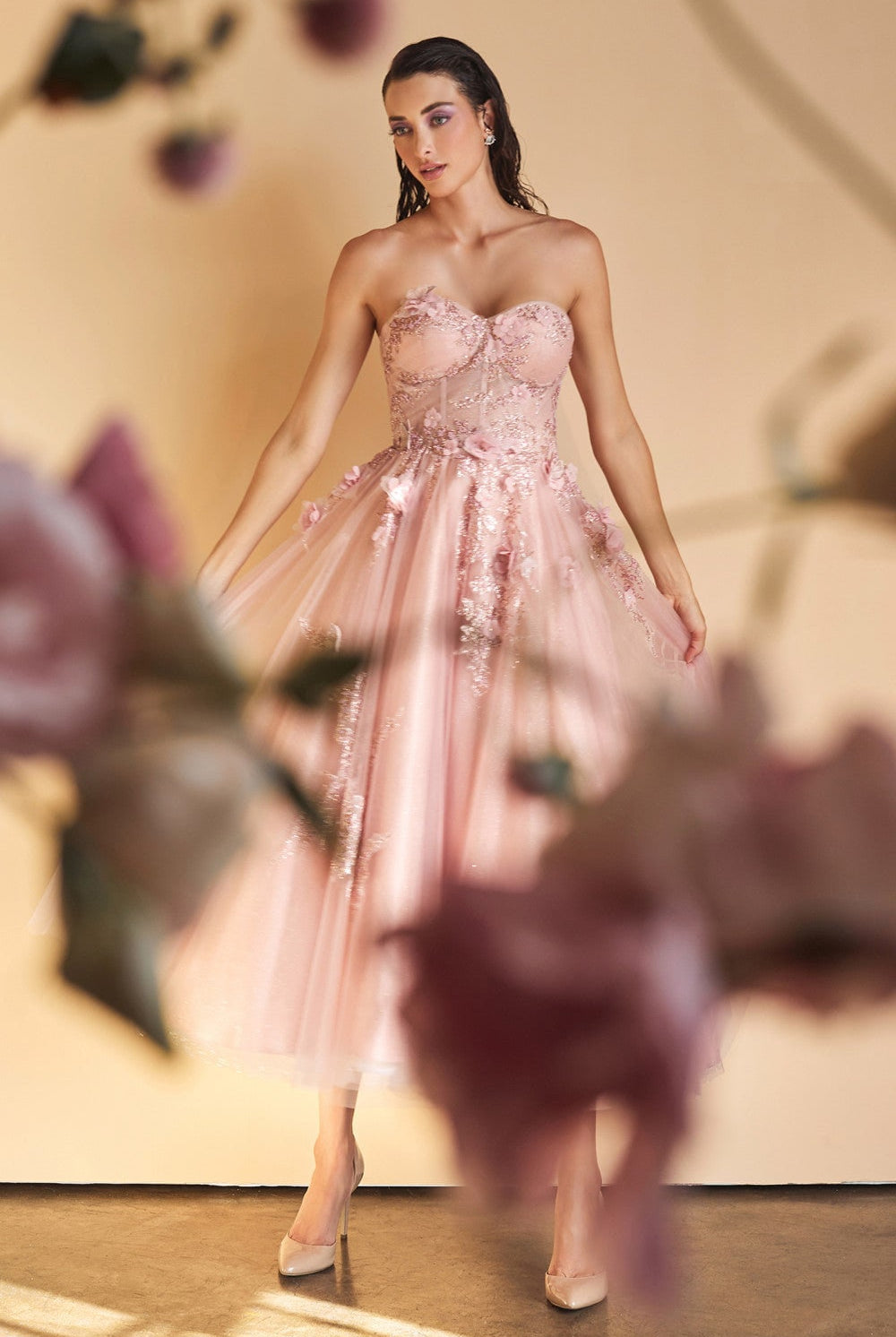 Butterfly Garden Tea Cocktail & Bridesmaid Formal Gown | Midi Length | Cute Strapless Boned Bodice | Vintage Princess Dress ALA1195-smcfashion.com