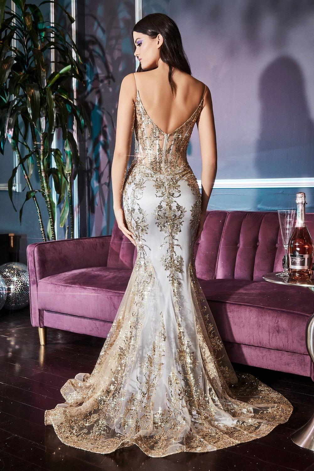 Fitted Floral Glitter Print Gala & Prom Dress Sheer Structured Corset with V-neck Evening Formal Luxury Gown CDJ810 Sale-Prom Dress-smcfashion.com