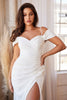 Off Shoulder Crepe Wedding Gown Modern Bride Style Gathered Elegant Bodice High Leg Slit Off White Modern Bride Cute Gown CDKV1057W Sale