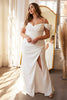 Off Shoulder Crepe Wedding Gown Modern Bride Style Plus Size Gathered Elegant Bodice High Leg Slit CDKV1057WC