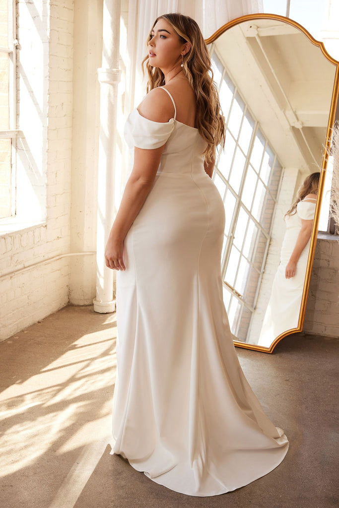 Off Shoulder Crepe Style Plus Size Gathered Elegant Bodice High Leg Slit Long Wedding Dress CDKV1057WC