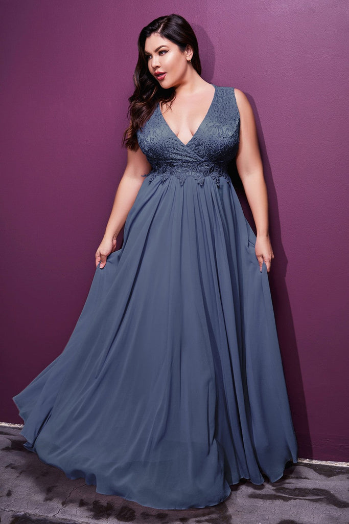 A-line Curve Chiffon Prom & Bridesmaid Dress Evening Plus Size Charming Tender Gown Laced Vintage V-neck Tank Strap Bodice CDS7201 Sale